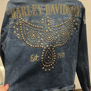 Harley Davidson 2xl denim studded embroidered jean jacket distressed